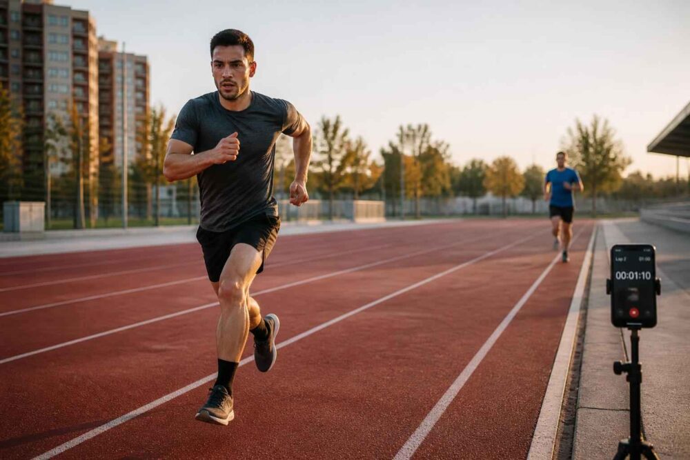 Mężczyzna biegnący po stadionowej bieżni z zegarem pomiarowym na pierwszym planie