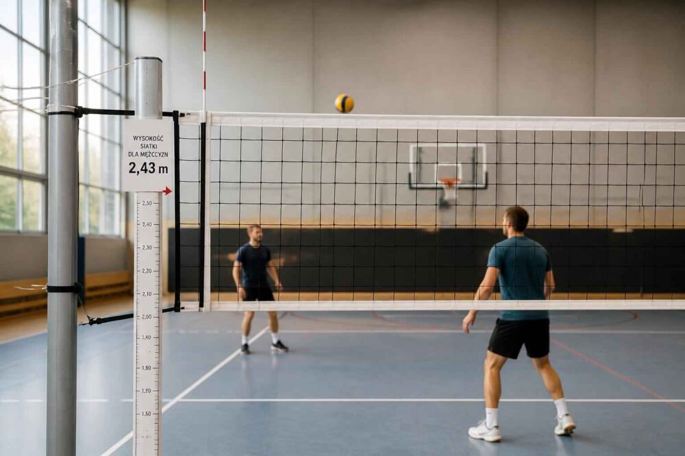 Dwóch mężczyzn gra w siatkówkę na hali z koszem do koszykówki w tle
