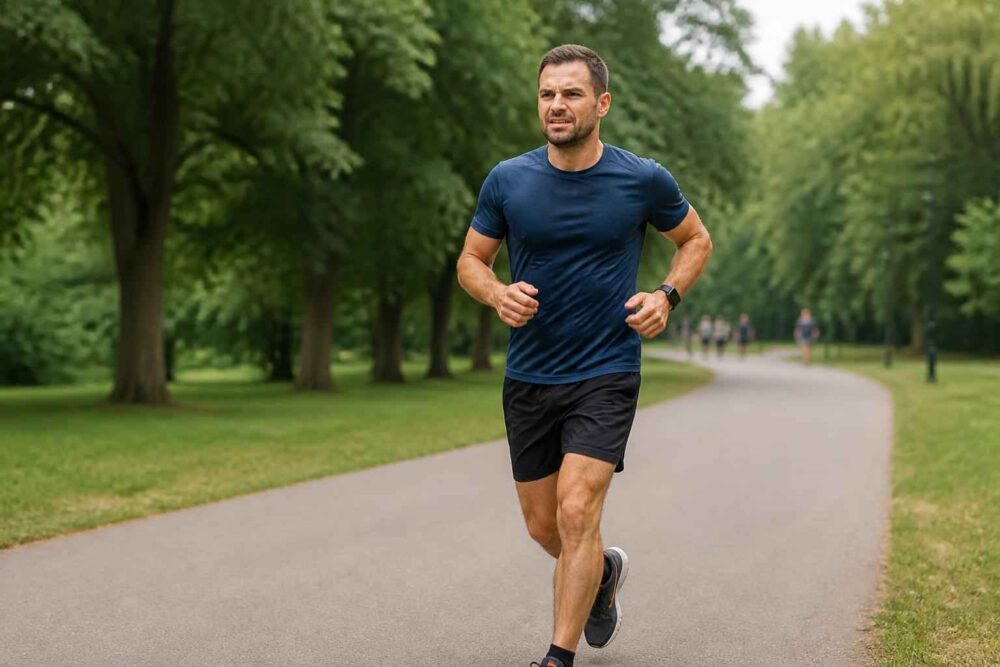 Mężczyzna w sportowym stroju biegnie asfaltową alejką wśród drzew w parku