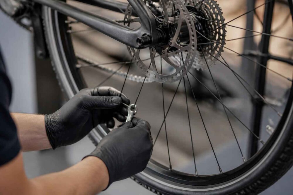 Mechanik w rękawiczkach montuje linkę przy tylnym hamulcu tarczowym roweru
