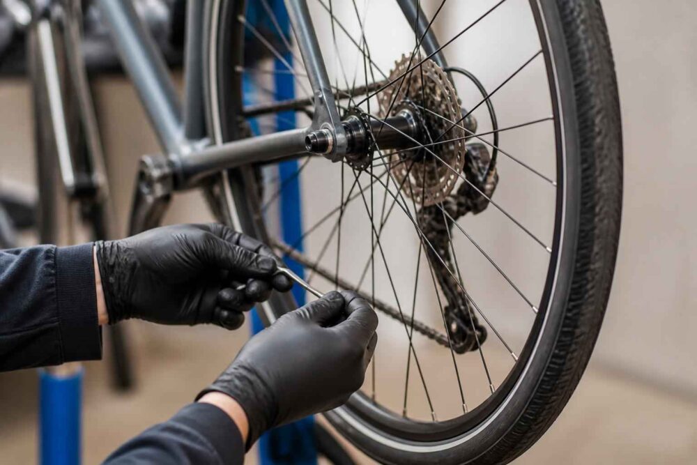Mechanik w czarnych rękawiczkach reguluje tylną przerzutkę roweru przy kole