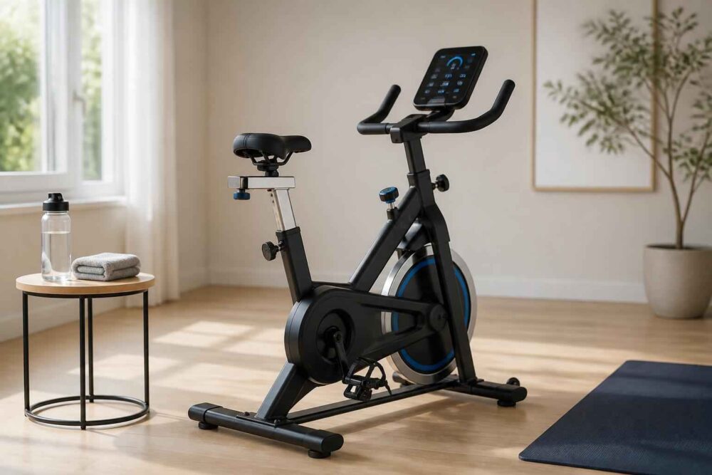 Rower treningowy stojący na macie w jasnym salonie obok stolika z butelką wody i ręcznikiem