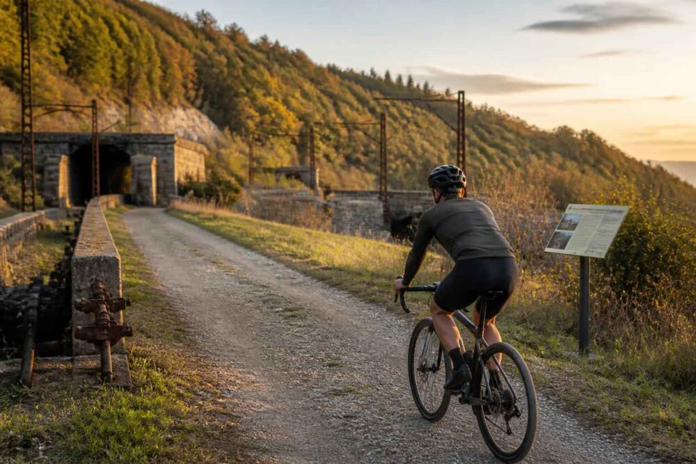 Rowerzysta jedzie szutrową trasą przy opuszczonym tunelu kolejowym w jesiennych górach