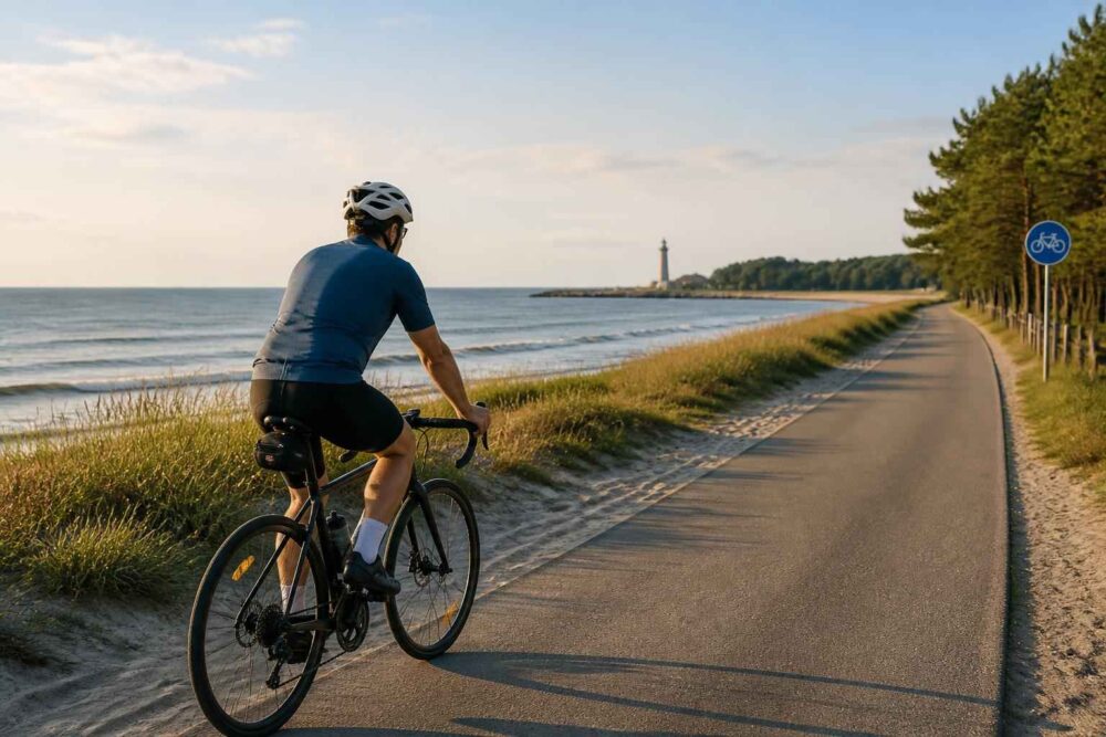 Rowerzysta jadący nadmorską ścieżką wzdłuż plaży i latarni morskiej