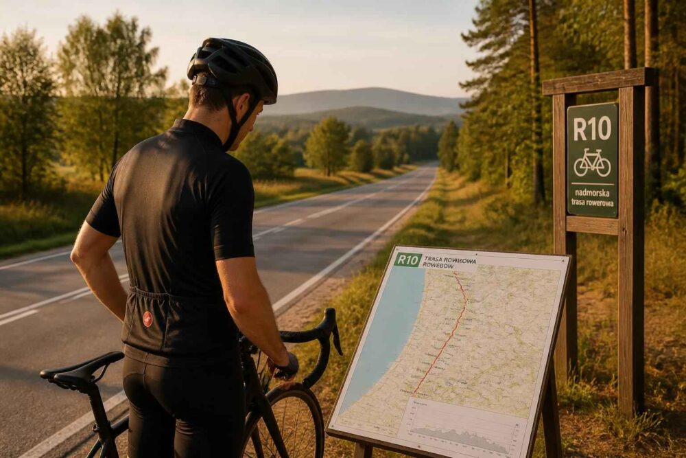 Rowerzysta z rowerem szosowym przy oznaczeniu trasy R10 i mapie nadmorskiego szlaku rowerowego