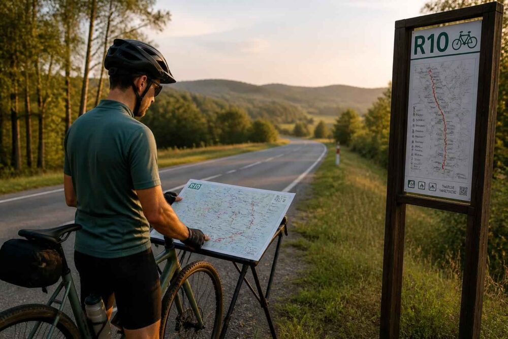 Rowerzysta sprawdza mapę szlaku R10 Rowerzysta przy mapie trasy R10 na tle górskiej drogi i leśnego krajobrazu