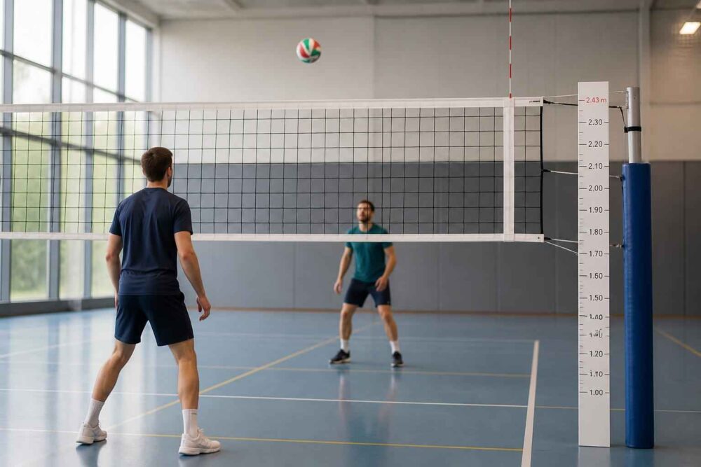 Siatkarze podczas wymiany na hali Dwóch zawodników stoi po przeciwnych stronach siatki, a piłka siatkowa unosi się nad boiskiem halowym