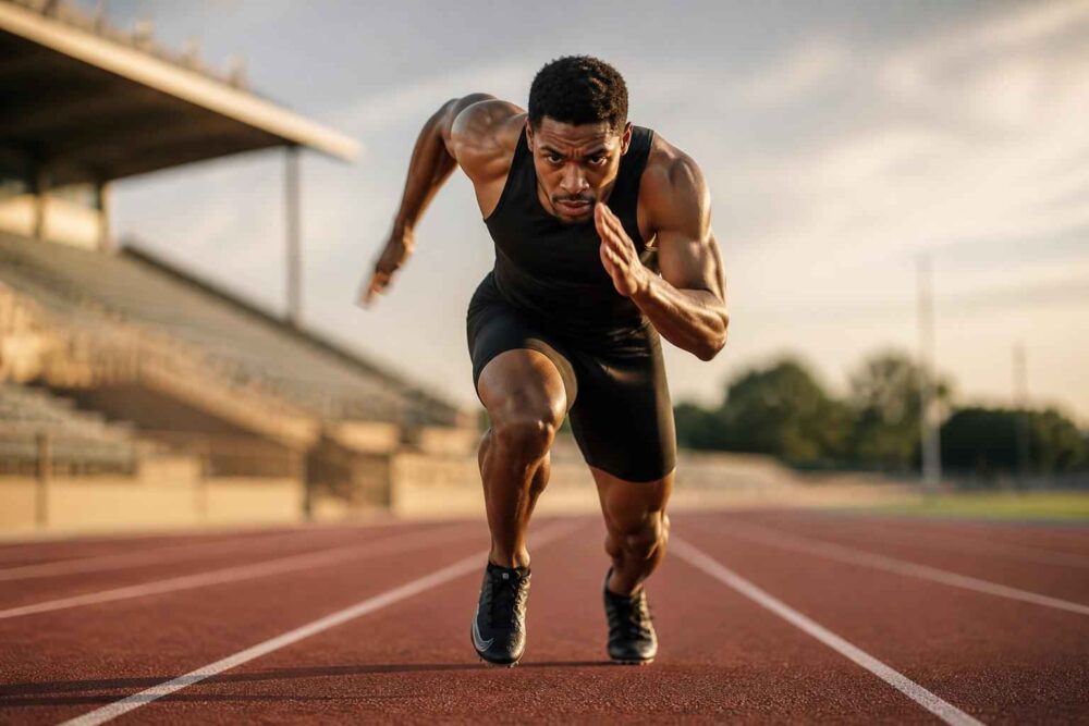 Sprinter w czarnym stroju rusza do biegu na stadionowej bieżni lekkoatletycznej